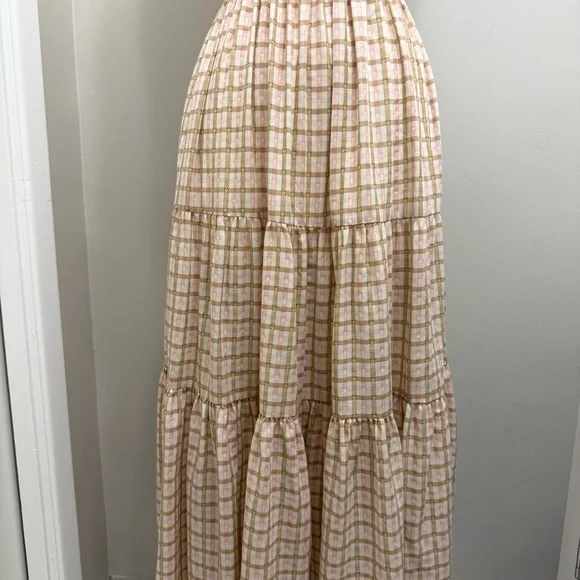 *SOLD*Christy Dawn Delphine Midi Tiered Sun Dress in Snapdragon Gingham Pink Tan - Picture 5 of 11